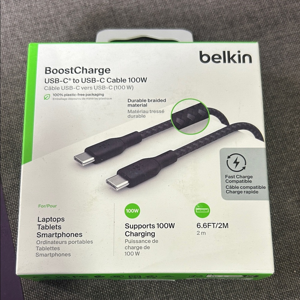 NWT Belkin BoostCharge Black USB-C Cable 100W-6.6 ft/2M
